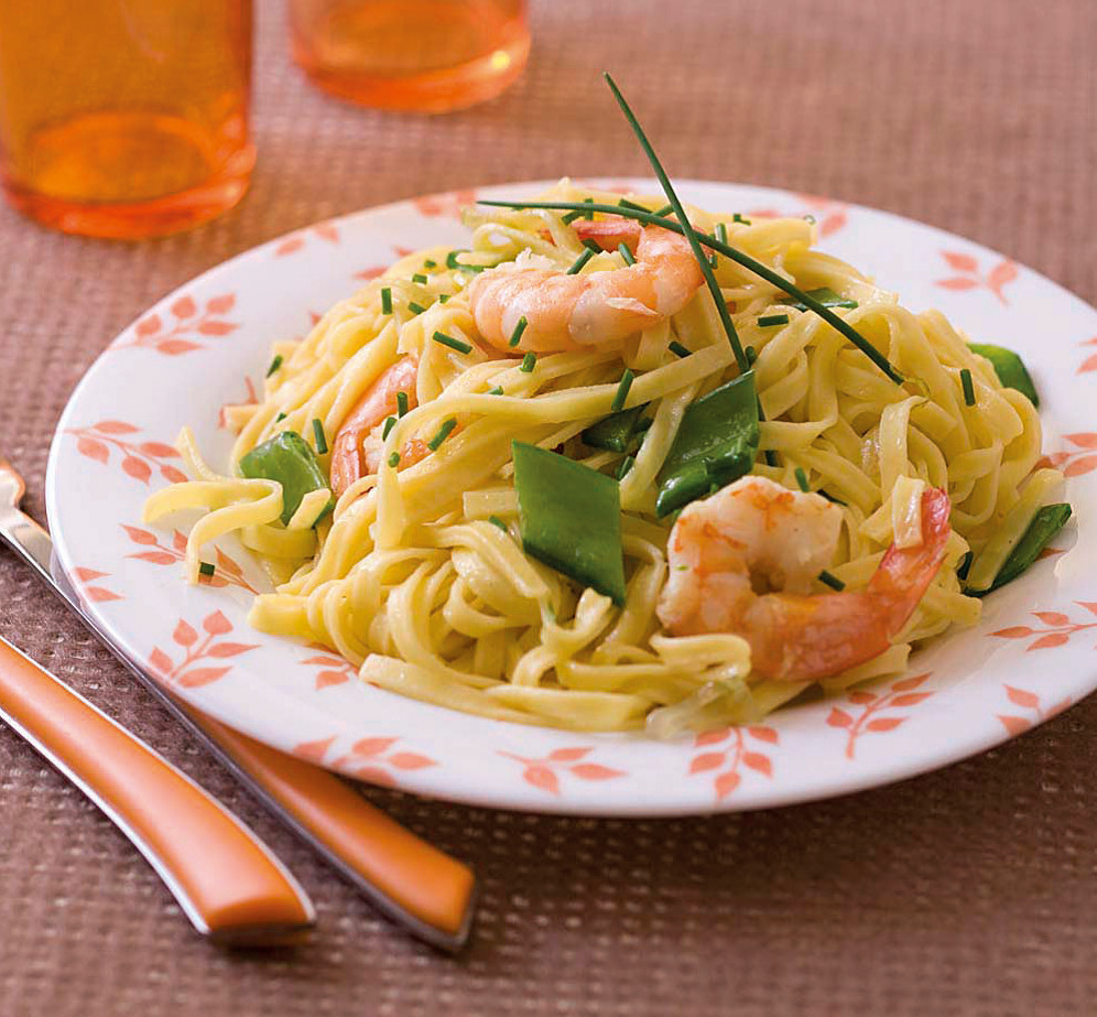 Linguines aux gambas et pois gourmands